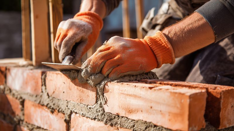 Close-up of a mason building a brick wall with orange gloves and a trowel, spreading fresh mortar onto bricks in warm sunlight during outdoor construction work.