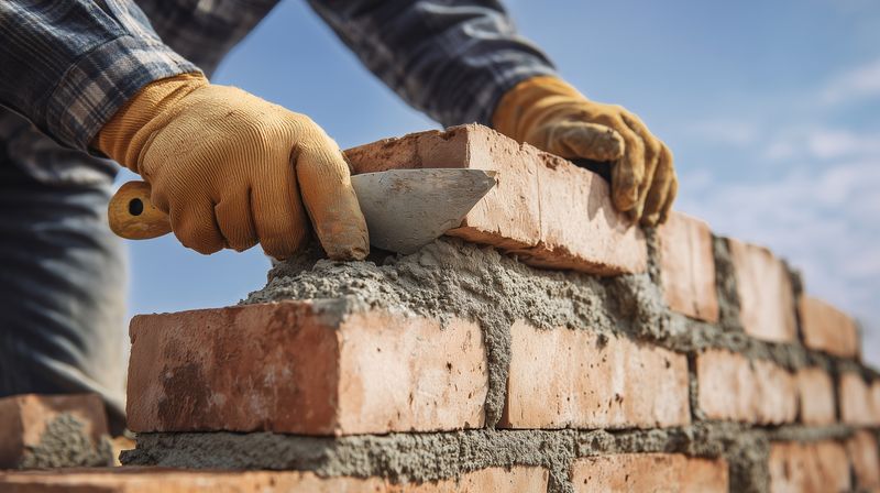 Construction worker laying red bricks with mortar using a trowel while wearing protective gloves, close up of masonry wall building showing hands, tools, texture and manual labor.