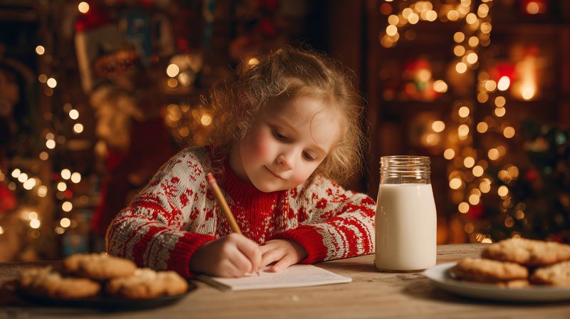 Young girl writing a letter at a wooden table on a cozy holiday evening, surrounded by festive lights, Christmas tree ornaments, plates of cookies and a glass of milk.