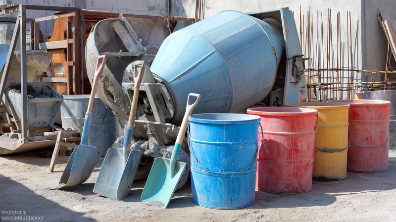 Outdoor construction site with concrete mixers, colorful plastic buckets and assorted shovels placed on gravel, depicting preparation and equipment for masonry, mixing and building tasks.