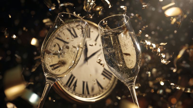 Two champagne flutes clinking in mid-toast with sparkling bubbles and golden confetti against a large vintage clock face, capturing festive celebration and countdown excitement.