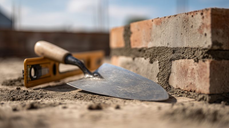 Close-up of a bricklayer's trowel and spirit level resting on mortar beside a partially built brick wall, showing texture, tools, and construction detail in natural daylight on site.