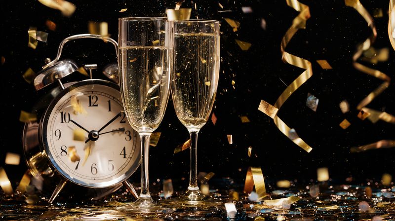 Two champagne glasses filled with bubbly stand beside a vintage alarm clock as golden confetti and streamers fall, creating a festive countdown atmosphere of celebration and anticipation.