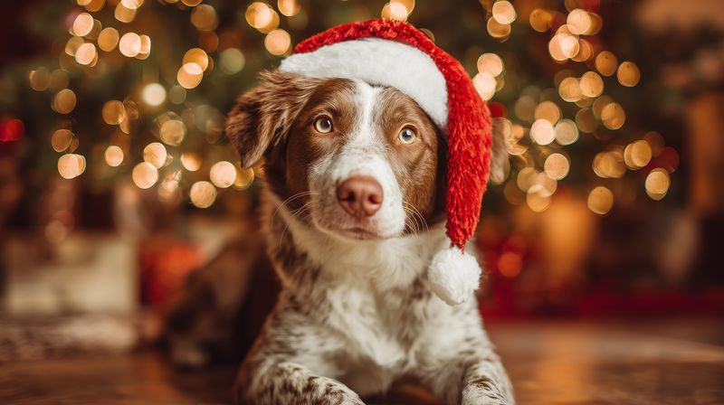 A cute brown and white dog wearing a red Santa hat lies on a wooden floor with warm Christmas lights bokeh in the background, creating a cozy festive holiday mood.