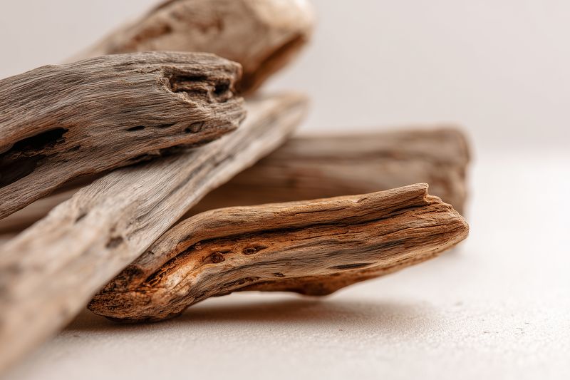 Close-up photo of weathered driftwood pieces revealing detailed grain, layered texture and warm neutral tones, capturing organic shapes and minimalist natural beauty in soft light.