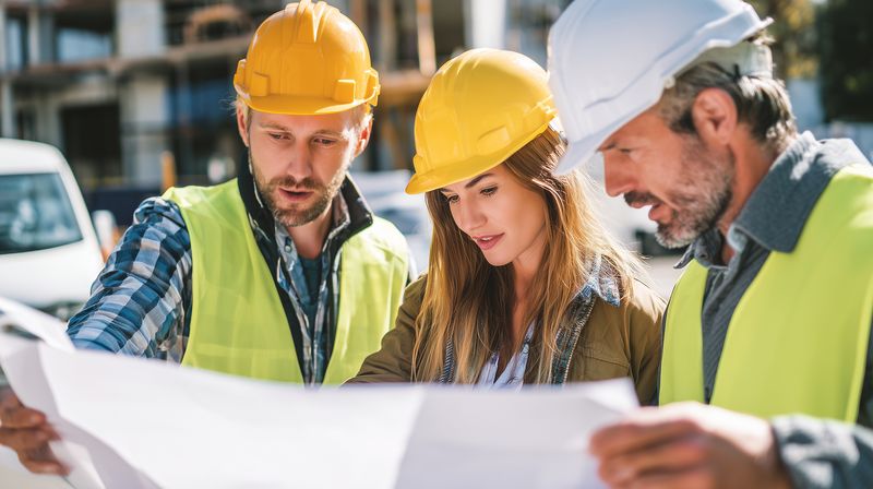 Three construction professionals in hard hats and high visibility vests examine detailed blueprints at an active building site, coordinating plans, safety measures, and project timelines together.