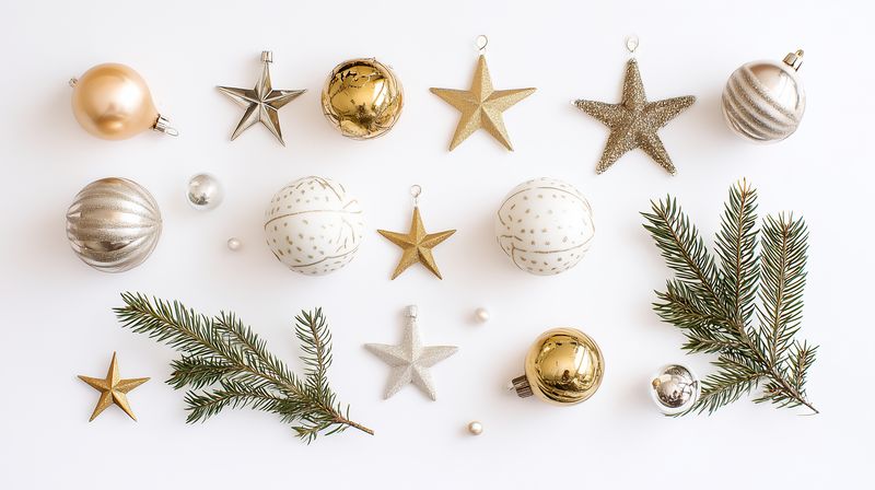 Flat lay of gold, white, and silver Christmas ornaments, star decorations and evergreen sprigs arranged on a clean white background for elegant festive holiday styling.