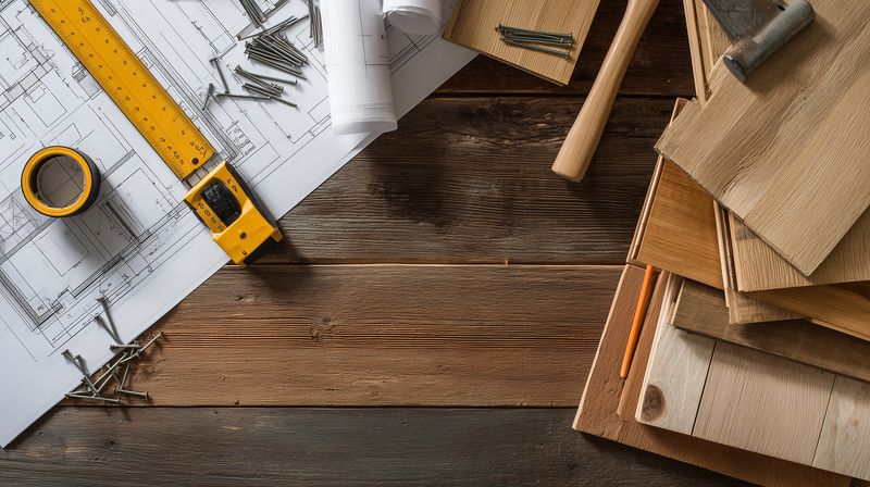 Top view of a home renovation workspace featuring architectural blueprints, measuring tools, tape measure, ruler, wood samples, hammer and nails on a rustic wooden surface.
