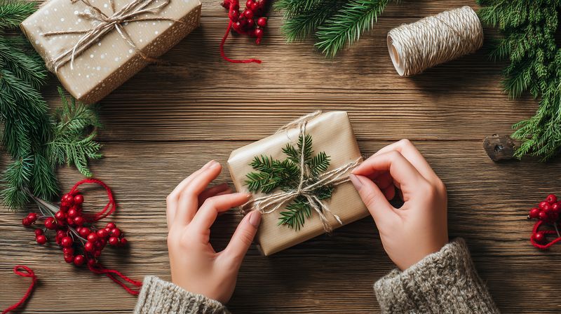 Hands wrapping a rustic gift on a wooden table with kraft paper, twine, evergreen sprig and red berries, cozy sweater sleeves suggesting handmade holiday present preparation.