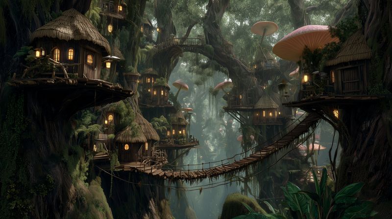 A mystical treehouse village nestled in an ancient forest canopy, connected by winding rope bridges and glowing lanterns, creating an enchanted, atmospheric woodland scene for exploration.
