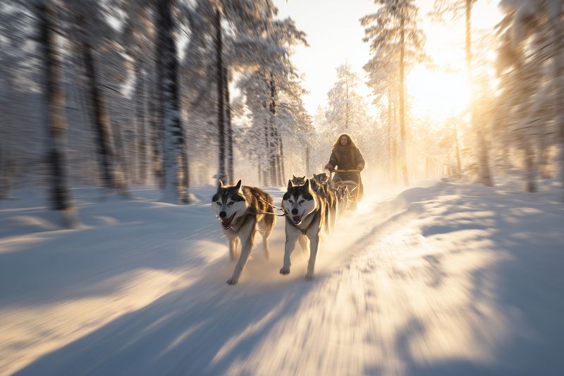 Dynamic action shot of a dog sled team racing through a snowy forest at golden hour with motion blur capturing speed and cold winter light atmosphere.