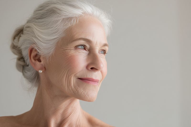 Serene close-up portrait of an older woman with silver hair pulled back, soft natural light highlighting gentle wrinkles and clear eyes, conveying graceful aging, quiet confidence and warmth.
