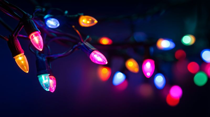 Close-up of colorful glowing string lights with vivid bokeh in a dark setting, creating a festive warm ambiance and vibrant multicolored illumination for celebration scenes.