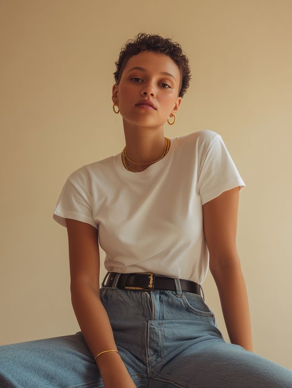 Studio portrait of a young woman wearing a white t-shirt and high waist jeans, minimalist neutral background, natural makeup, short curly hair, elegant jewelry and confident expression.
