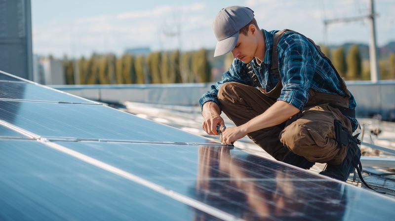 Rooftop solar technician installing photovoltaic panels, adjusting connectors and wiring while kneeling on a residential roof under clear sky, sustainable energy work.