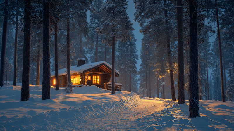 A warm glowing wooden cabin nestled in a snowbound pine forest at twilight, illuminated windows casting soft light across deep snowdrifts and a peaceful winter pathway scene.