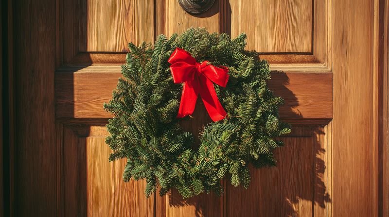 Festive evergreen wreath with red bow hanging on a wooden door, sunlight casting warm shadows, traditional holiday decoration symbolizing welcome and seasonal cheer.