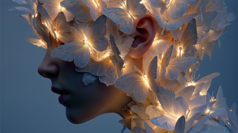 Surreal portrait of a woman's profile adorned with luminous butterflies and soft glowing lights, creating a dreamy ethereal mood and intricate textured composition in blue tones.
