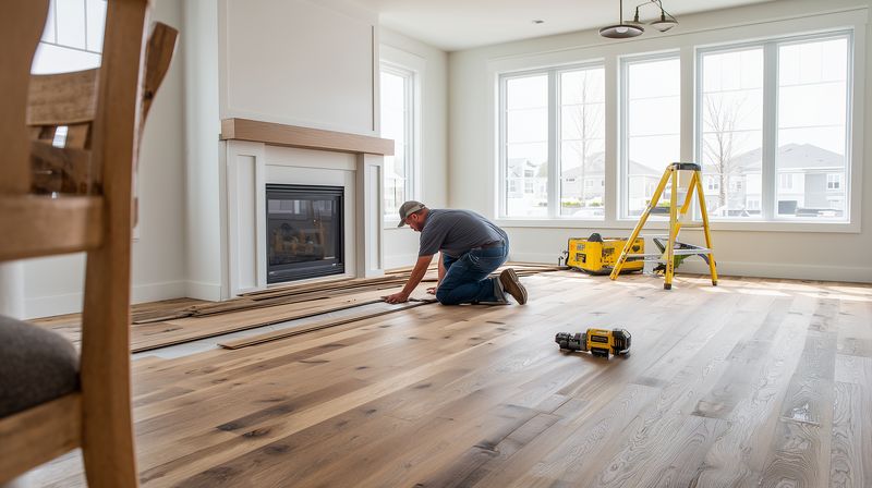 Professional installer fitting hardwood flooring in a bright living room, kneeling to position planks near a fireplace while tools and ladder rest in the sunlit interior.
