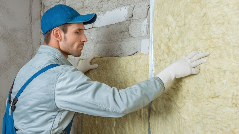 A construction worker installs thermal mineral wool insulation panel into an interior wall cavity, wearing protective gloves and cap while focusing on precise placement for energy efficiency.