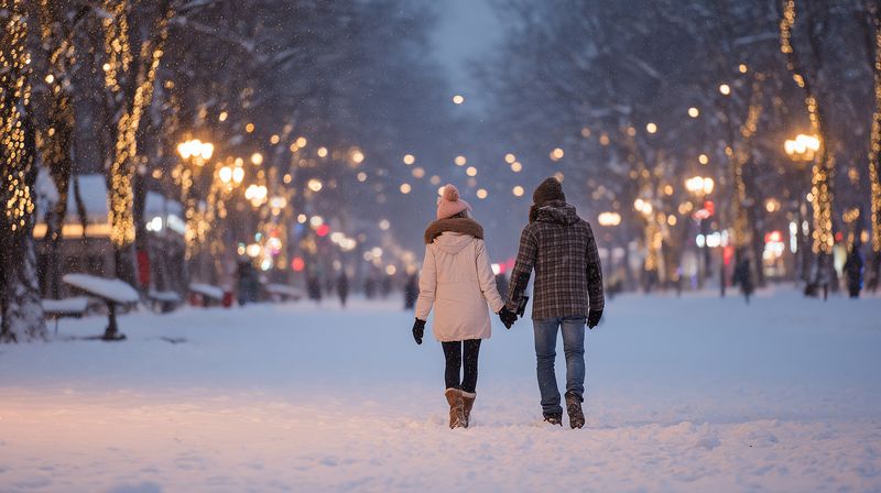 A couple walks hand in hand along a snow-covered city avenue at dusk, surrounded by glowing streetlights and festive bokeh lights, creating a cozy romantic winter atmosphere.