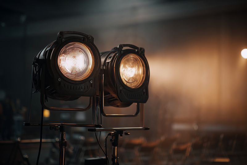 Close up of two vintage stage spotlights casting warm beams across a dim theater, highlighting metal housings and textured lenses for cinematic performance and live atmospheres.