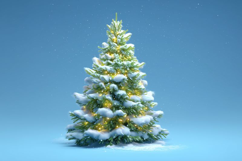 Snow-covered evergreen tree adorned with warm golden fairy lights stands on fresh snow against a soft blue background, evoking a serene cozy festive winter scene filled with gentle snowfall.