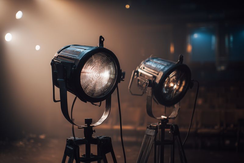 Two vintage stage spotlights on tripods illuminate a dim theater with warm beams, casting dramatic shadows and creating an atmospheric cinematic mood for performance.