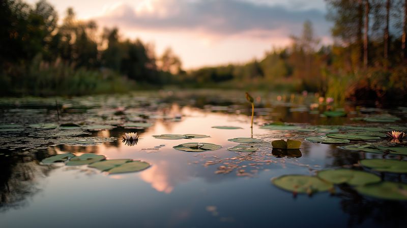 Close-up view of lily pads floating on a calm pond at sunset, with soft sky reflections and blurred tree silhouettes in the background evoking peaceful evening atmosphere in a natural wetland.