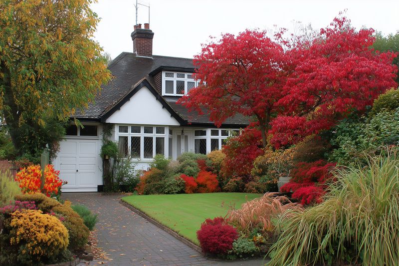 Charming small cottage with white facade and tiled roof surrounded by vibrant autumn garden featuring red and orange foliage, a manicured lawn and stone pathway.