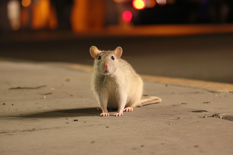 Urban rat standing on a concrete sidewalk at night, illuminated by warm streetlights, showing curious posture and detailed fur texture, capturing nocturnal city wildlife scene.