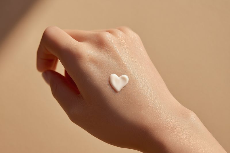 Close-up of a hand with a heart-shaped cream dollop on the back, highlighting smooth skin texture, healthy glow and gentle skincare application in soft natural light for beauty concept.