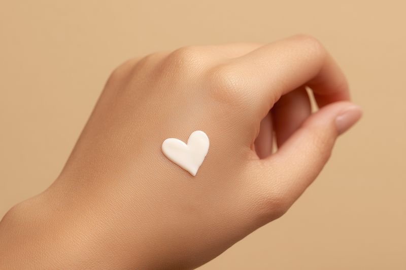 Close-up of a hand with a heart-shaped cream on the back of the hand, highlighting moisturizing texture, gentle skincare routine and beauty concept for body and personal care.