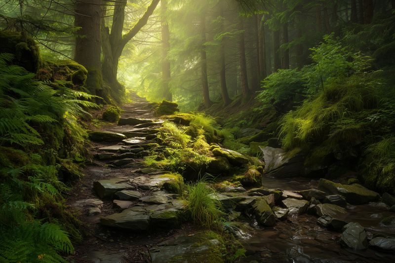 Sunlit mossy forest path winding through ancient trees, damp stones and ferns beside a gentle stream, creating a serene, mystical atmosphere of nature and quiet exploration.