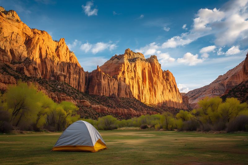 A solitary tent pitched on a grassy meadow beneath towering sunlit canyon cliffs, surrounded by green trees and expansive sky, capturing tranquil outdoor camping at golden hour.