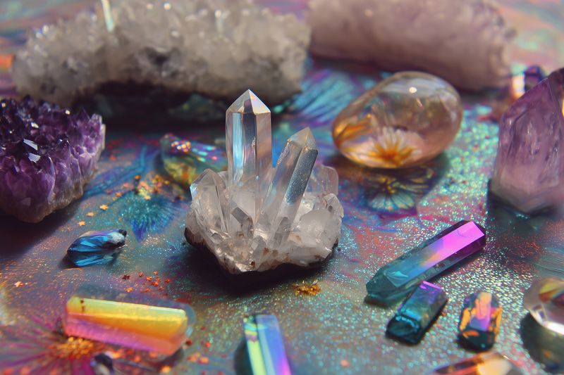 Close-up of assorted colorful crystals and quartz clusters arranged on a glittering iridescent surface, showcasing translucent points, vivid coatings and sparkling textures for decorative display