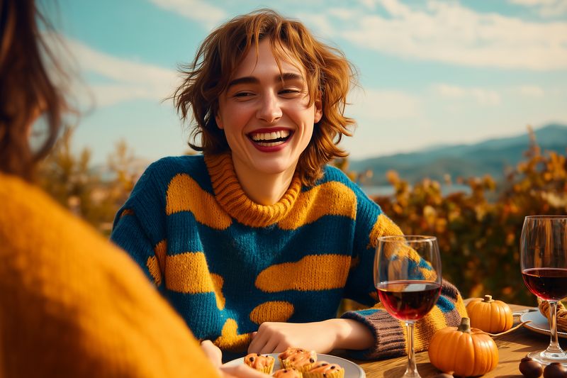 Young woman laughing at an outdoor autumn dinner, enjoying wine and seasonal decorations with friends in warm sunlight, cozy sweater and festive pumpkins on a rustic table.