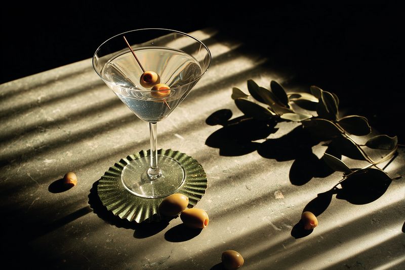 An elegant cocktail in a chilled glass garnished with two olives on a pick, bathed in dramatic striped sunlight and deep shadows for a moody still life composition.