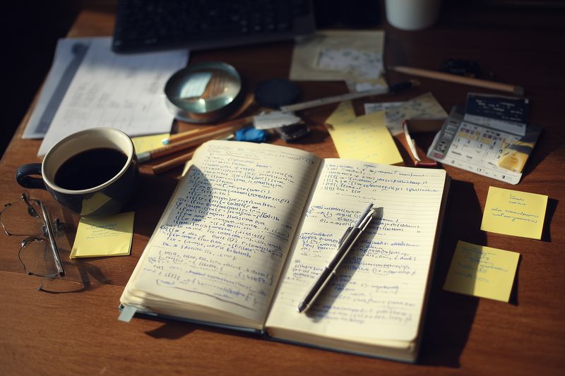 Open notebook with handwritten notes and a pen resting on pages on a cluttered wooden desk, surrounded by a coffee cup, sticky notes, magnifying glass and reading glasses