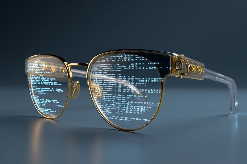 Stylish gold-framed glasses reflecting lines of glowing code on lenses, concept of augmented reality, digital data visualization and modern wearable technology in soft studio lighting.