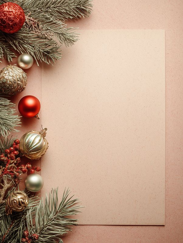 christmas card ornaments fir decorations blank, flat lay with gold and red baubles evergreen branches glitter on textured pink backdrop for holiday greeting cheer