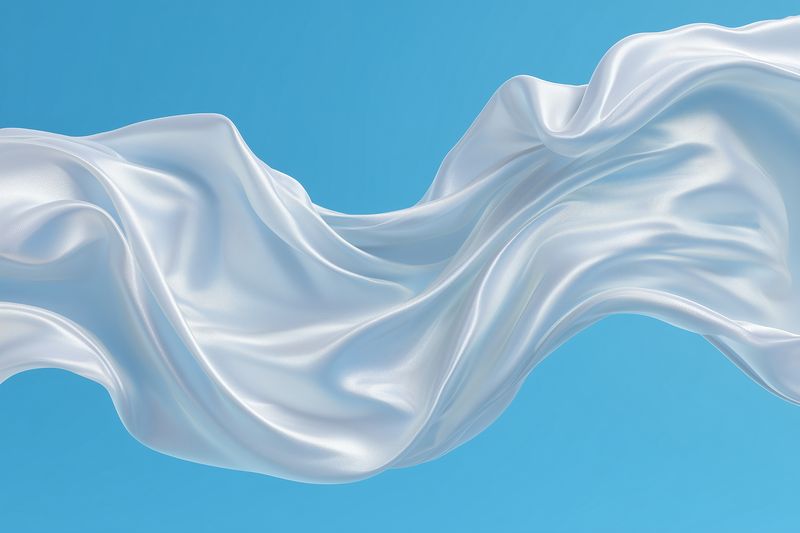 Fabric silk cloth flowing texture drape textile wave white silky material suspended against blue background soft folds and motion smooth surface design luxury elegant concept