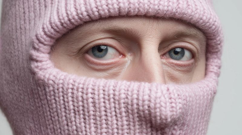 eyes balaclava knit pink closeup gaze woolen face mask covers lower face revealing blue eyes and tired expression winter headwear and fashion accessory conveying warmth mystery