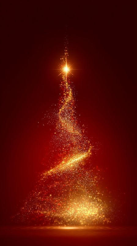 Christmas tree light spiral with golden sparkle on red background, glowing star topper and glitter trail, festive holiday decoration and seasonal background lighting