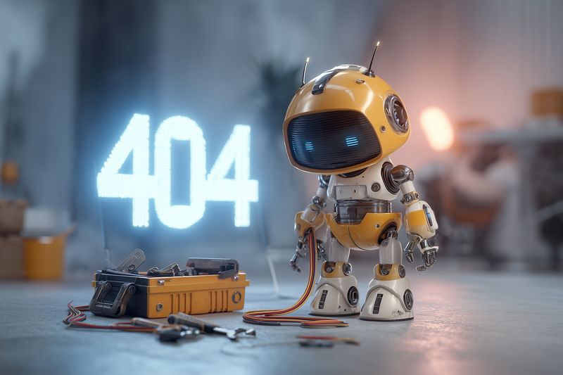 robot error workshop tools repair technology yellow droid with tools and wires in garage, errorcode glowing in background, maintenance concept diagnostic