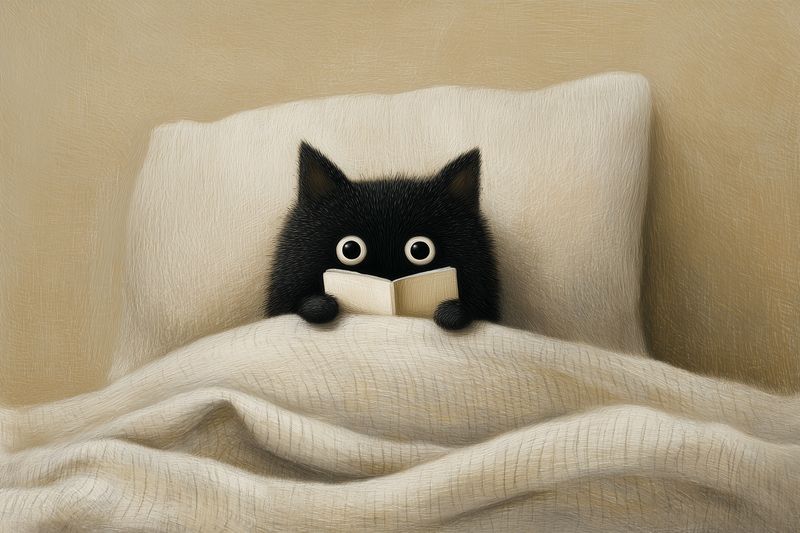 Cat book bed blanket pillow reading in cozy bedroom scene, black kitten tucked under soft wool blanket holding small open book with wide eyes, warm tones and texture inviting