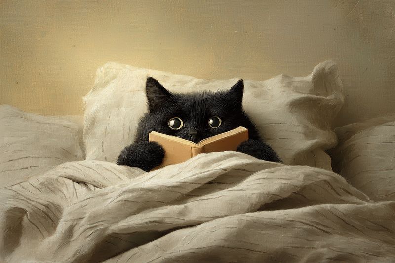 Cat reading book in bed under soft blanket, black feline with wide eyes peeking over pages, cozy bedtime scene with warm light and textured linen for relaxation