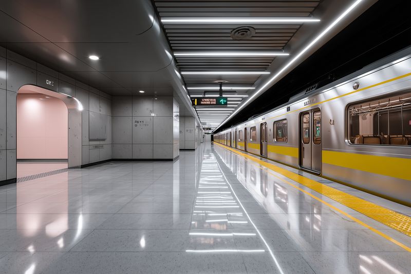 Subway train platform station modern reflection, empty metro station interior with yellow train at platform, glossy floor and linear ceiling lights, transit corridor and clean area