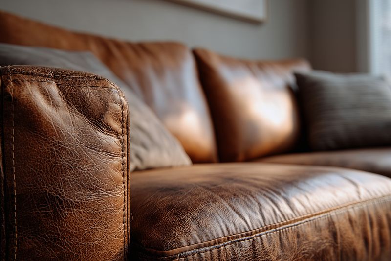 Leather sofa couch armrest cushion living room, detailed close up of worn brown leather upholstery showing grain stitching and patina, cozy seating for rustic interior