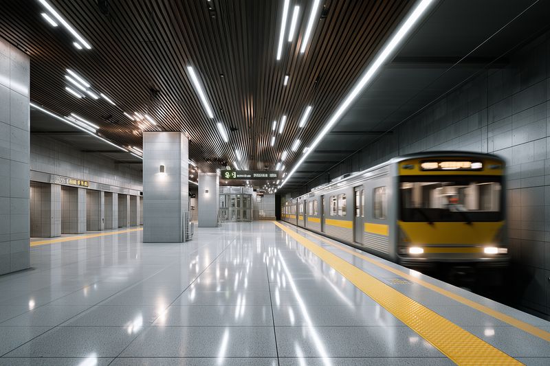 Subway train at modern station platform metro interior with reflective floor and linear ceiling lights, empty transit space for urban commuting and transport